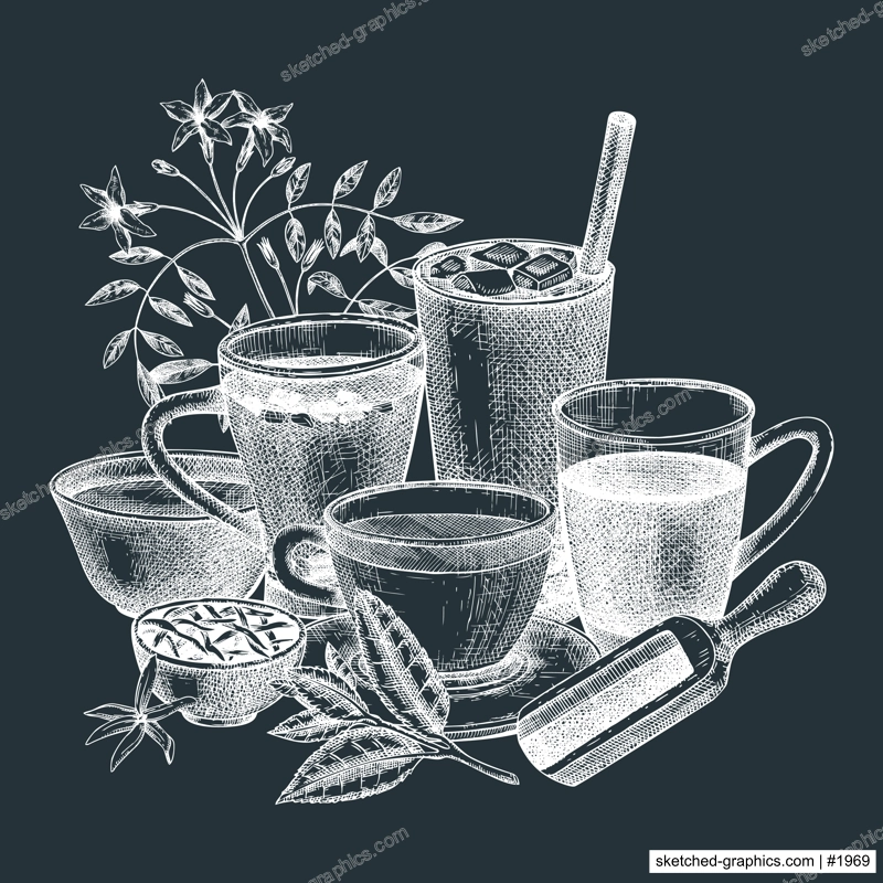 Hand-sketched  tea drinks illustration on chalkboard. Vector sketches of hot beverage cups, dried leaves, jasmine blossoms. Popular tea drawings for card or invitation or cafe menu design