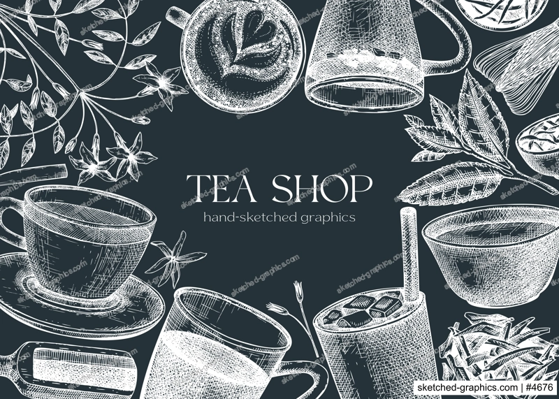 Hand sketched tea drinks and ingredients banner. Vintage teacups, glasses, leaves, flowers hand drawings background. Tea beverages design on chalkboard. Perfect for recipe, menu, label, packaging. 