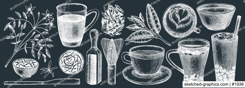 Hand-sketched tea drinks and ingredients collection. Vector sketches of hot beverage cups, dried leaves, jasmine blossom. Green Tea, black tea, white tea, matcha drawing for menu design on chalkboard