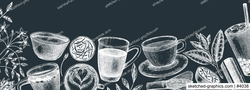 Hand-sketched tea drinks and ingredients banner on a chalkboard. Vector sketches of hot beverage cups, dried leaves, jasmine blossoms background. Popular tea design for cafe or restaurant menu. 