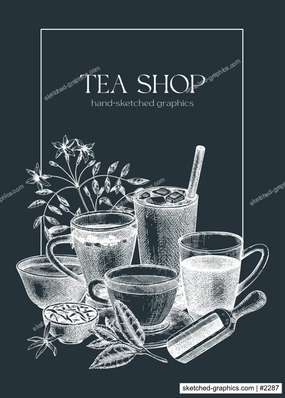 Vintage card or invitation template with hand sketched tea drinks illustration. Vector sketches of hot beverage cups, dried leaves, jasmine blossoms on chalkboard. Tea beverages menu design