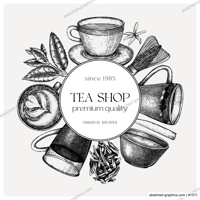 Hand sketched tea drinks round design. Vintage teacups, glasses, leaves, flowers hand drawings wreath. Tea beverages card or invitation template. For recipe, menu, label, packaging.