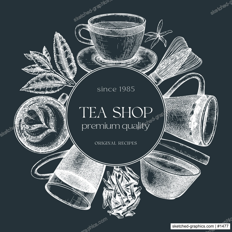Hand sketched tea drinks round design on chalkboard. Vintage teacups, glasses, leaves, flowers hand drawings wreath. Tea beverages card or invitation template. For recipe, menu, label, packaging. 