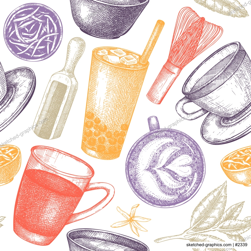 Hand-sketched tea drinks and ingredients seamless pattern. Vector backdrop with hot beverage cups, dried leaves, jasmine blossoms sketches. Popular tea background for cafe or restaurant menu design