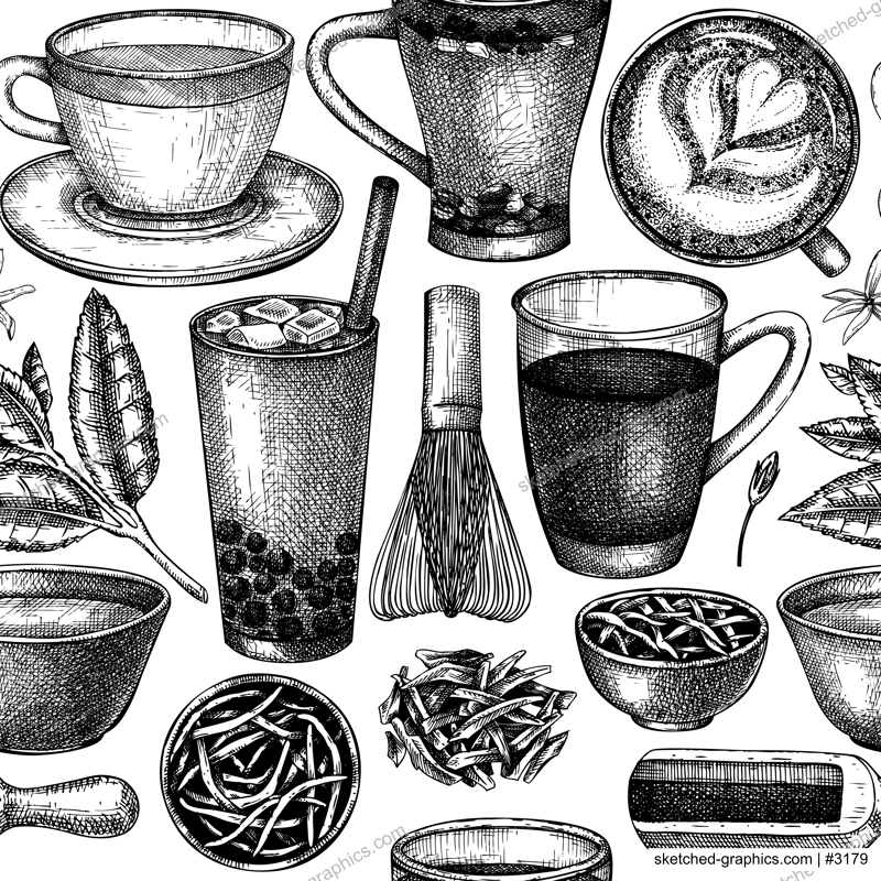 Hand-sketched tea drinks and ingredients seamless pattern. Vector backdrop with hot beverage cups, dried leaves, jasmine blossoms sketches. Popular tea background for cafe or restaurant menu design