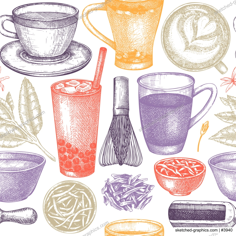 Hand-sketched tea drinks and ingredients seamless pattern. Vector backdrop with hot beverage cups, dried leaves, jasmine blossoms sketches. Popular tea background for cafe or restaurant menu design