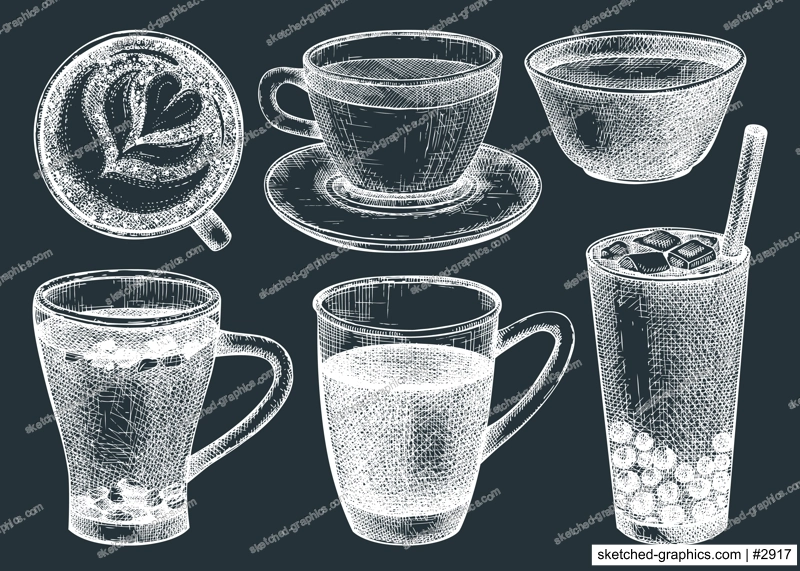 Hand-sketched tea mug illustrations on chalkboard. Vector sketches of hot drink in an glass teacups and glasses. Tea beverages drawings for menu design.
