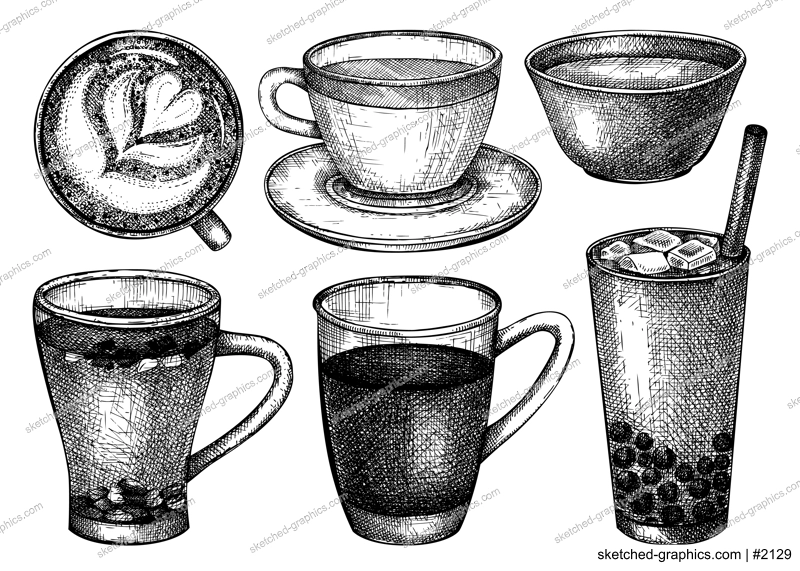 Hand-sketched tea mug illustrations. Vector sketches of hot drink in an glass teacups and glasses. Tea beverages drawings for menu design isolated on white.