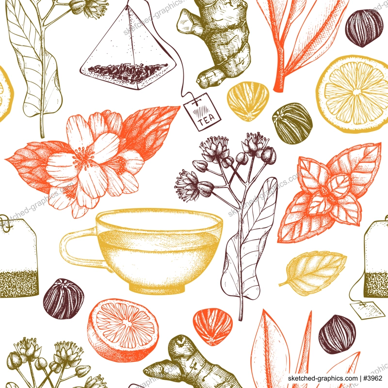 Tea seamless pattern. Herbal tea ingredient background. Herb, spice, fruit, berry sketches. Hand-drawn vector illustration. NOT AI generated