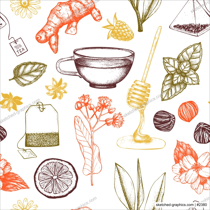 Tea seamless pattern. Herbal tea ingredient background. Herb, spice, fruit, berry sketches. Hand-drawn vector illustration. NOT AI generated
