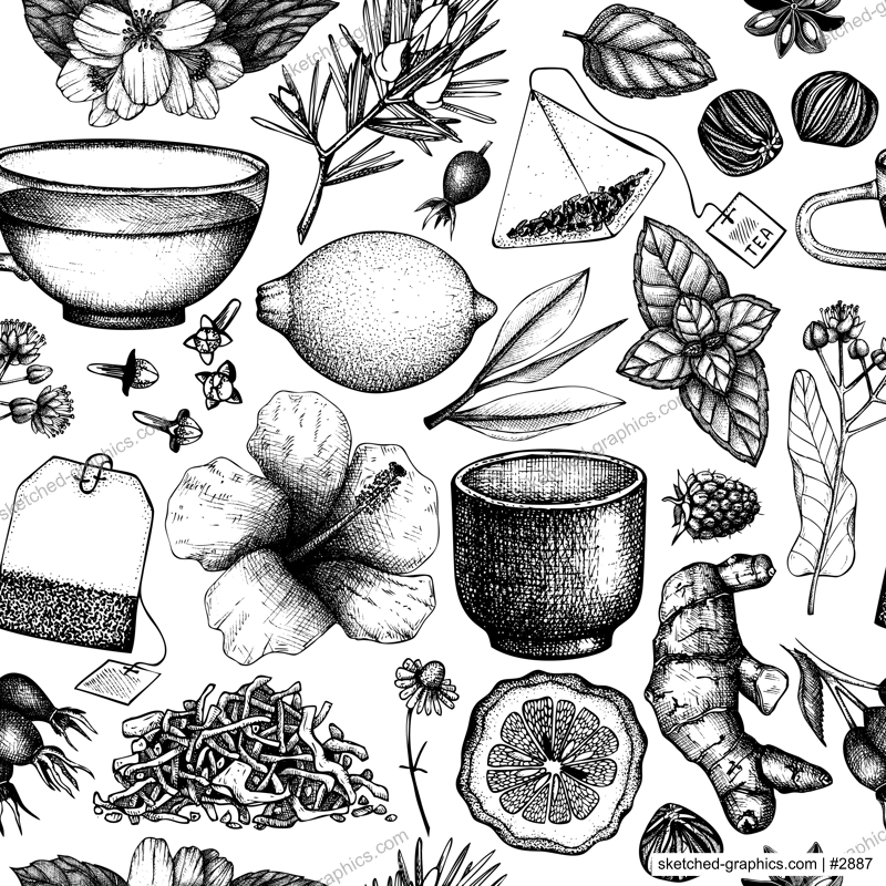 Tea seamless pattern. Herbal tea ingredient background. Herb, spice, fruit, berry sketches. Hand-drawn vector illustration. NOT AI generated
