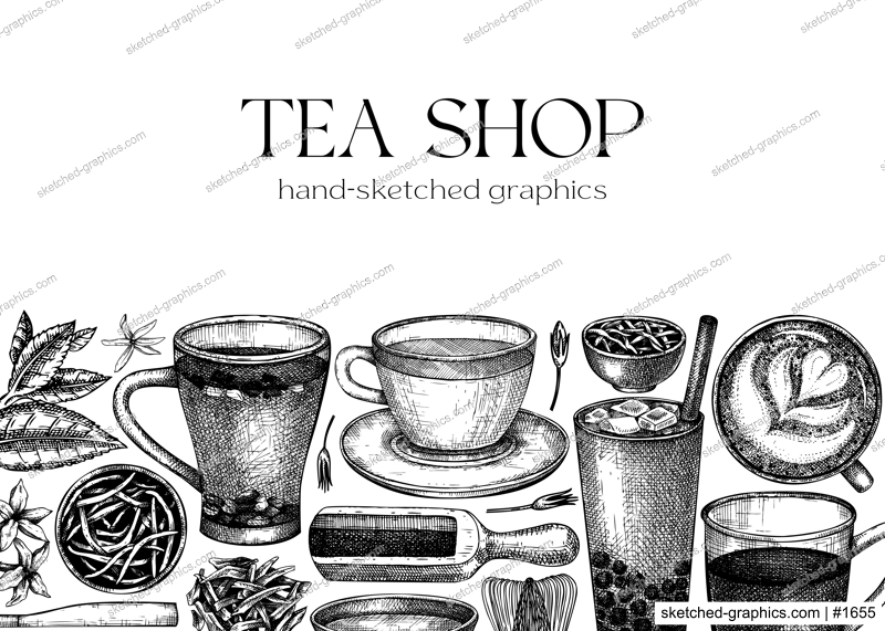 Tea shop or cafe design with hand-sketched tea drinks illustrations. Vector sketches of teacups, glasses, dried leaves, jasmine blossoms. Popular beverages background for menu or banner template