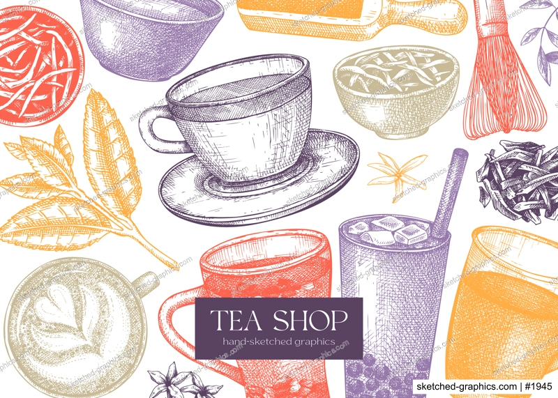 Tea shop or cafe design with hand-sketched tea drinks illustrations. Vector sketches of teacups, glasses, dried leaves, jasmine blossoms. Popular beverages background for menu or banner template