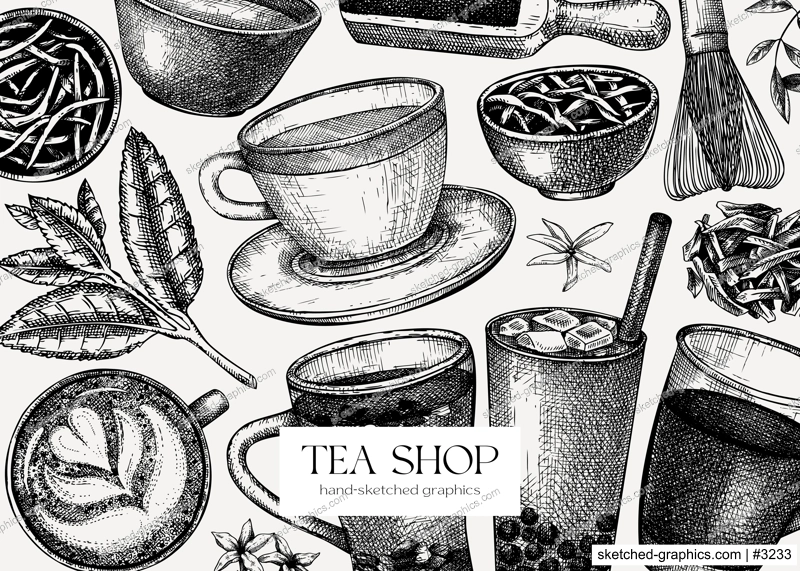 Tea shop or cafe design with hand-sketched tea drinks illustrations. Vector sketches of teacups, glasses, dried leaves, jasmine blossoms. Popular beverages background for menu or banner template