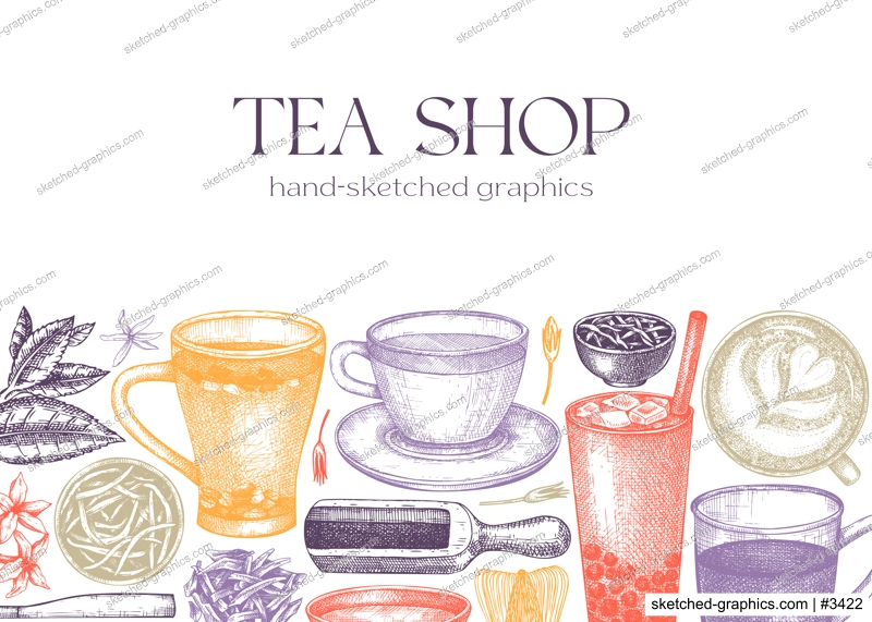 Tea shop or cafe design with hand-sketched tea drinks illustrations. Vector sketches of teacups, glasses, dried leaves, jasmine blossoms. Popular beverages background for menu or banner template