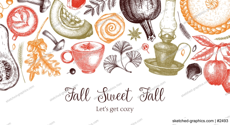  Thanksgiving background in color. Vintage autumn banner design template. Hand-drawn vector illustration. Pumpkin, hot drink, fruit, pie, pastry, fall leaves sketches.