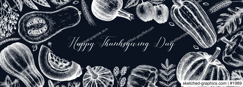 Thanksgiving background. Pumpkins sketches on chalkboard.  Autumn plants and fruit drawings. Vector vegetables, butternut squash, marrow, pumpkin sketches. Fall banner design. Harvest festival.