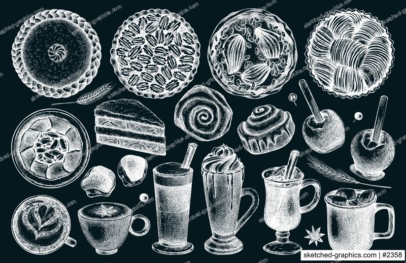 Autumn dessert collection. Thanksgiving dinner illustrations. Fall festival food and drinks sketches. Sketched fall food drawings. Thanksgiving table hand drawn icons on chalkboard