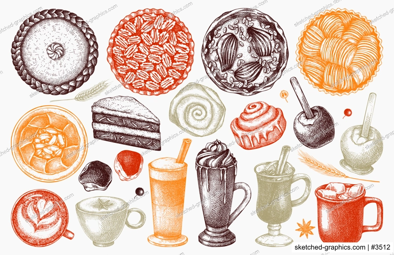 Autumn dessert collection. Thanksgiving dinner illustrations. Fall festival food  and drinks sketches. Sketched fall food drawings. Thanksgiving table hand drawn icons in color