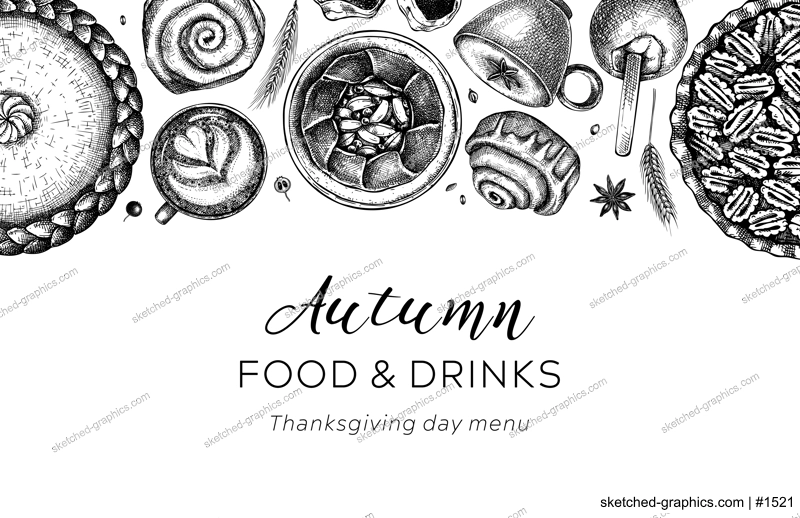 Autumn desserts banner on chalkboard. Thanksgiving dinner illustrations. Fall festival desserts, pies, cakes, drinks sketches. Sketched fall food background. Thanksgiving table black and white border.