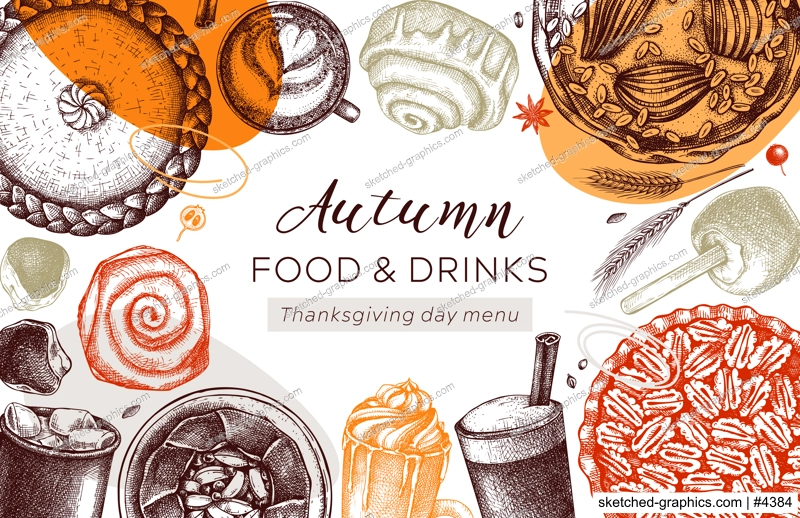Autumn desserts banner in collage style. Thanksgiving dinner illustrations. Fall festival desserts, pies, cakes, drinks sketches. Sketched graphics fall food background. Thanksgiving table design