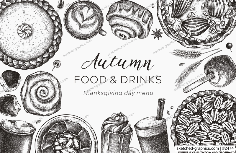 Autumn desserts banner. Thanksgiving dinner illustrations. Fall festival desserts, pies, cakes, drinks sketches. Sketched graphics fall food background. Thanksgiving table black and white design