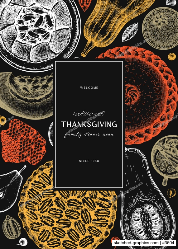 Thanksgiving desserts menu design. Hand sketched desserts with apple, pecan, pumpkin. Traditional pies for Thanksgiving dinner in vintage style. Top view autumn food background. Cooking at home design