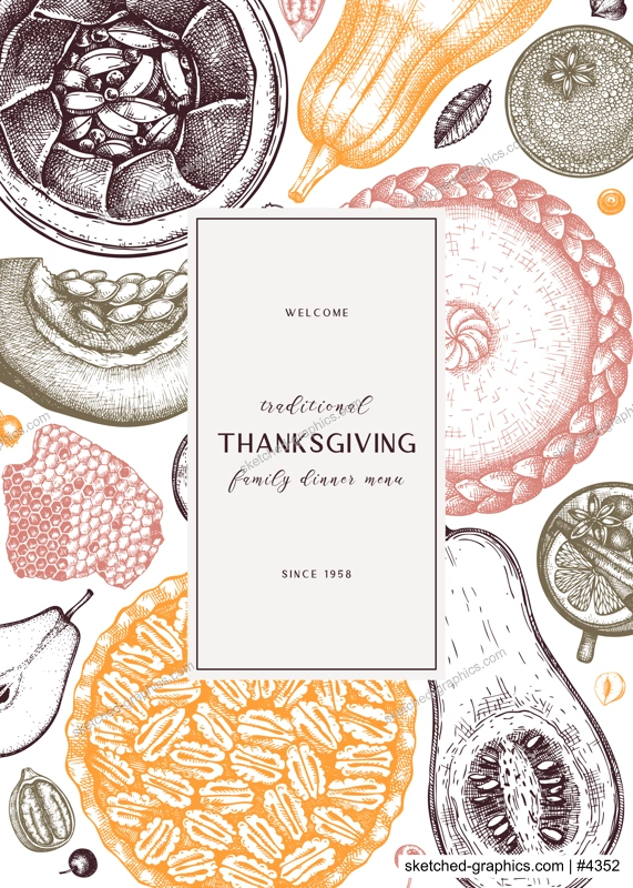 Thanksgiving desserts menu design. Hand sketched desserts with apple, pecan, pumpkin. Traditional pies for Thanksgiving dinner in vintage style. Top view autumn food background. Cooking at home design