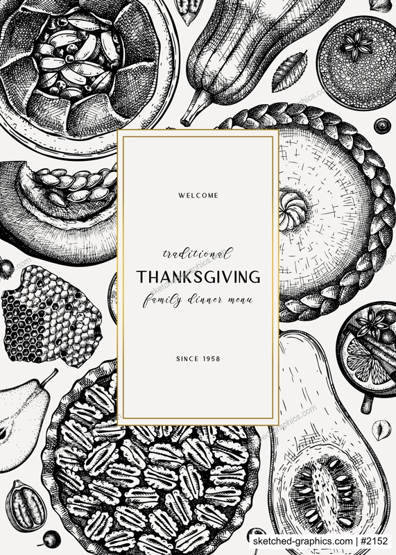 Thanksgiving desserts menu design. Hand sketched desserts with apple, pecan, pumpkin. Traditional pies for Thanksgiving dinner in vintage style. Top view autumn food background. Cooking at home design