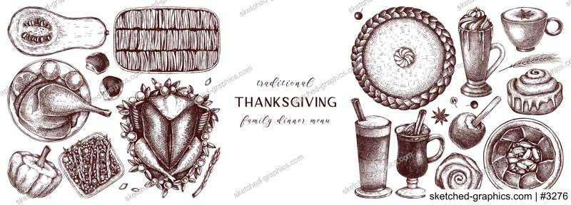 Thanksgiving dinner banner. Fall food and drinks trendy frame design. Vintage turkey, vegetables, pies, and hot drinks sketches. Vector autumn food template. Thanksgiving background in engraved style