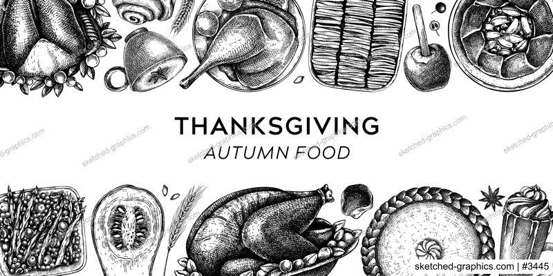 Thanksgiving dinner banner. Fall food and drinks trendy frame design. Vintage turkey, vegetables, pies, and hot drinks sketches. Vector autumn food template. Thanksgiving background in engraved style