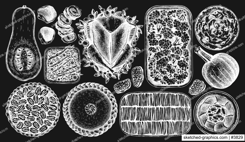 Thanksgiving day traditional dishes illustrations on chalkboard. Roasted turkey, cooked vegetables, rolled meat, pumpkin, cakes sketches. Vintage autumn food for Thanksgiving day dinner. 