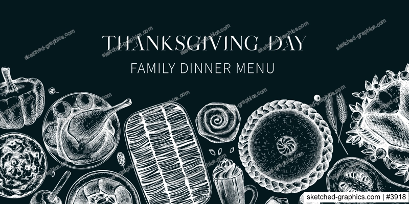 Thanksgiving background on chalkboard. Food and drinks trendy frame design. Sketched roasted turkey, vegetables, baked goods, and desserts sketches. Vintage autumn food template. Thanksgiving dinner