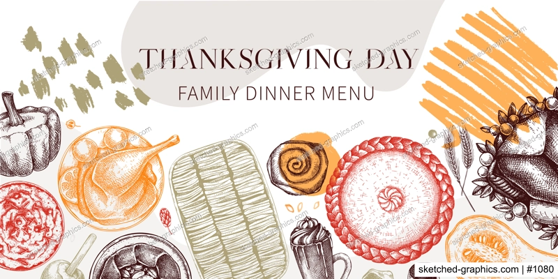 Thanksgiving dinner collage. Fall food and drinks trendy frame design. Sketched roasted turkey, vegetables, baked goods, and desserts sketches. Vintage autumn food template. Thanksgiving background