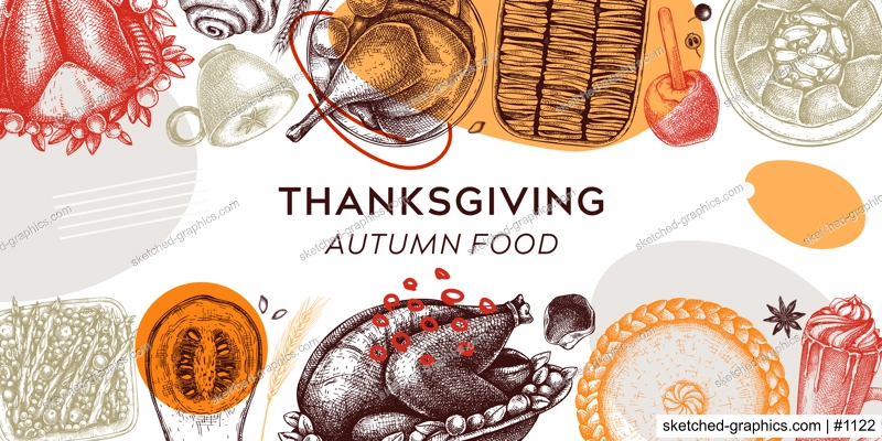 Thanksgiving dinner collage. Fall food and drinks trendy frame design. Vintage turkey, vegetables, pies, and hot drinks sketches. Vector autumn food template. Thanksgiving background