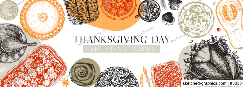 Thanksgiving dinner collage. Fall food and drinks trendy frame design. Sketched roasted turkey, cooked vegetables, baked goods, desserts sketches. Vintage autumn food template. Thanksgiving table