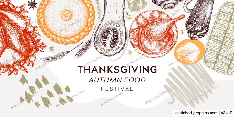 Thanksgiving dinner collage. Fall food and drinks trendy frame design. Sketched roasted turkey, cooked vegetables, baked goods, desserts sketches. Vintage autumn food template. Thanksgiving background