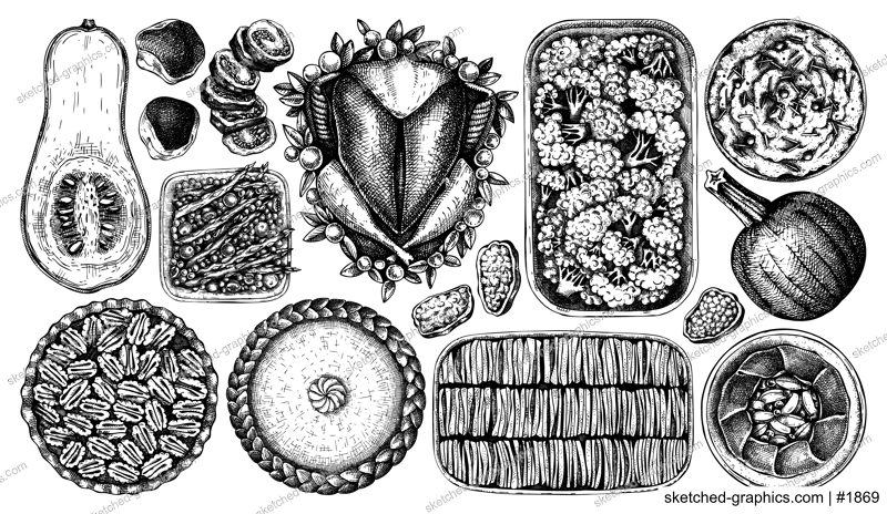 Thanksgiving day traditional dishes illustrations. Roasted turkey, cooked vegetables, rolled meat, pumpkin, cakes sketches. Vintage autumn food for Thanksgiving day dinner. Vector menu  elements. 