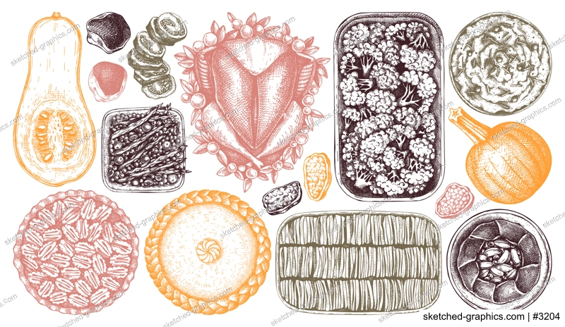 Thanksgiving day traditional dishes illustrations in color. Roasted turkey, cooked vegetables, rolled meat, pumpkin, cakes sketches. Vintage autumn food for Thanksgiving day dinner. 