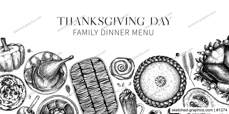 Thanksgiving background. Fall food and drinks trendy frame design. Sketched turkey, vegetables, baked goods, and desserts black and white sketches. Vintage autumn food template. Thanksgiving dinner