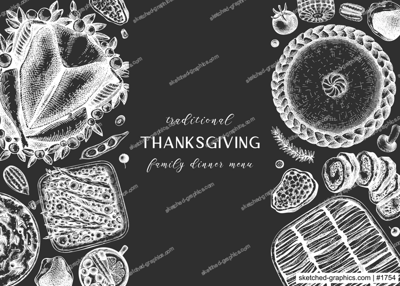 Thanksgiving dinner menu design on chalkboard. With roasted turkey, cooked vegetables, rolled meat, baking cakes and pies sketches. Vintage autumn food frame. Vector Thanksgiving day background.