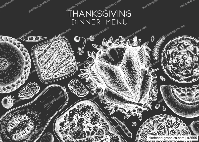 Thanksgiving dinner menu design on chalkboard. With roasted turkey, cooked vegetables, rolled meat, baking cakes and pies sketches. Vintage autumn food frame. Vector Thanksgiving day background.