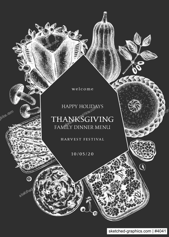Thanksgiving day dinner menu design ion chalkboard. With roasted turkey, cooked vegetables, rolled meat, baking cakes and pies sketches. Vintage autumn food wreath. Vector Thanksgiving day background.