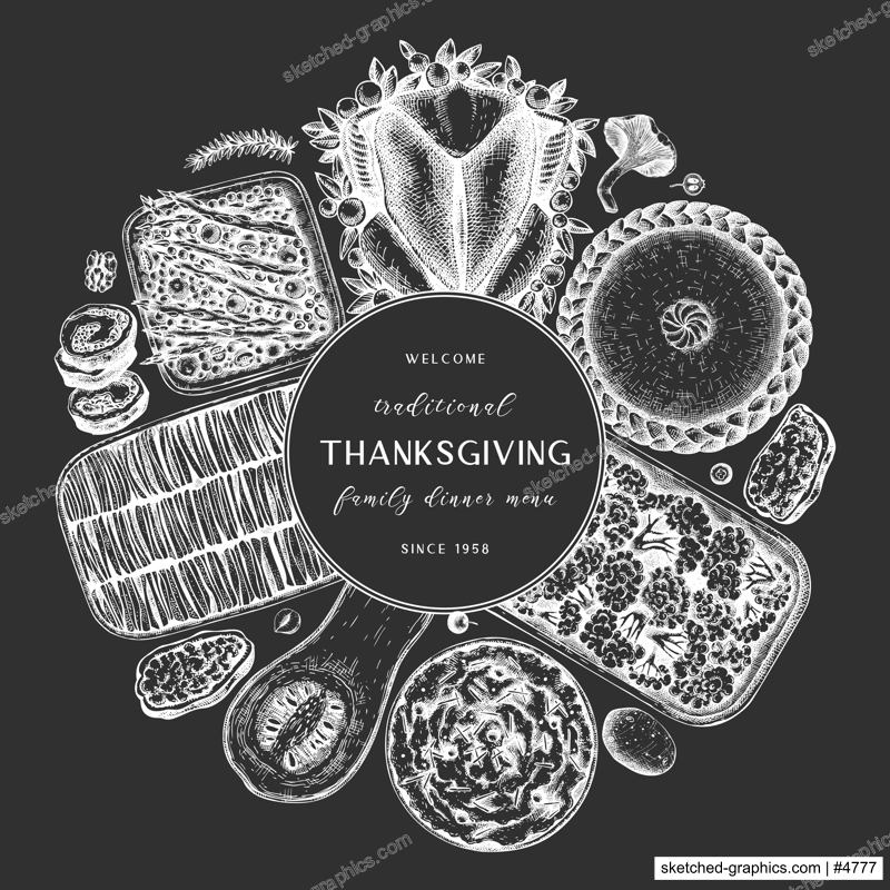 Thanksgiving day dinner menu design on chalkboard. With roasted turkey, cooked vegetables, rolled meat, baking cakes and pies sketches. Vintage autumn food wreath. Vector Thanksgiving day background.