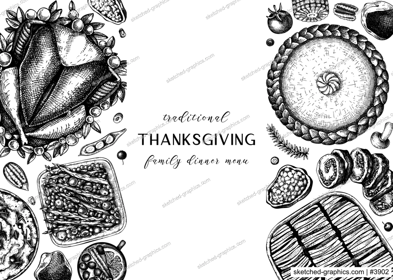 Thanksgiving dinner menu design. With roasted turkey, cooked vegetables, rolled meat, baking cakes and pies sketches. Vintage autumn food frame. Vector Thanksgiving day background.