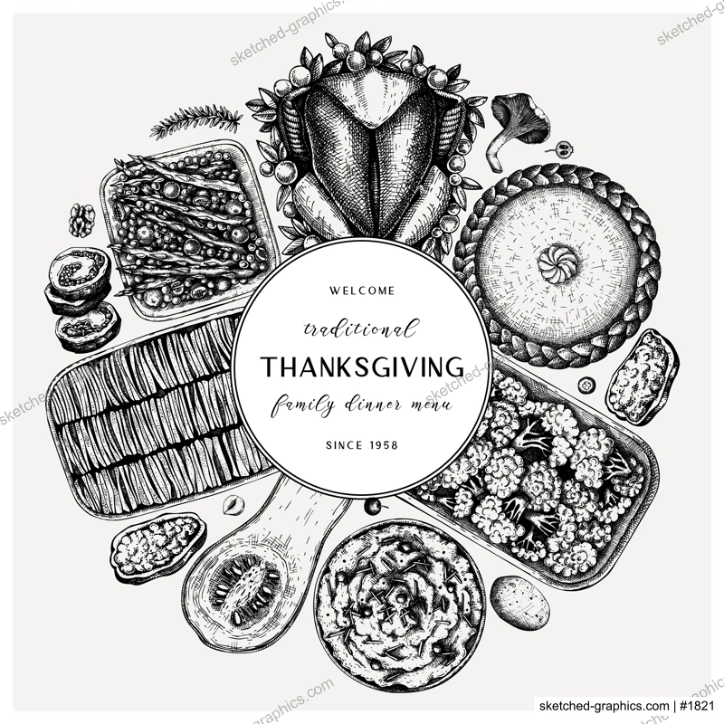 Thanksgiving day dinner menu round design. With roasted turkey, cooked vegetables, rolled meat, baking cakes and pies sketches. Vintage autumn food wreath. Vector Thanksgiving day background.