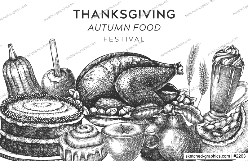 Thanksgiving food banner design. Traditional holiday meals - roasted turkey, cooked vegetables, rolled meat, baking cakes, pies sketches. Vintage autumn food template. Vector Thanksgiving background.