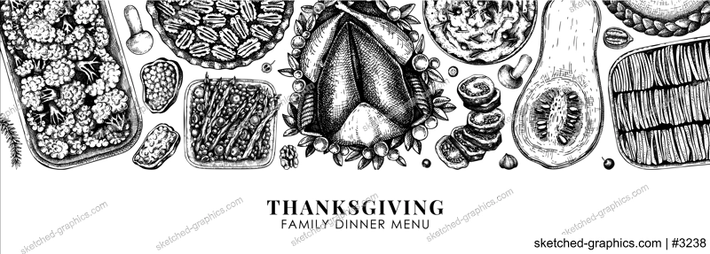 Thanksgiving food banner design. With roasted turkey, cooked vegetables, rolled meat, baking cakes and pies sketches. Vintage autumn food background. Vector Thanksgiving day design