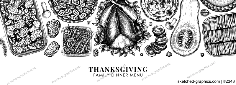 Thanksgiving food banner design. With roasted turkey, cooked vegetables, rolled meat, baking cakes and pies sketches. Vintage autumn food template. Vector Thanksgiving day background.