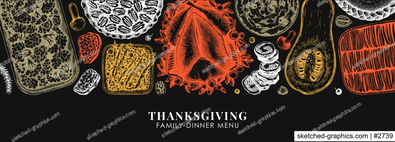 Thanksgiving food banner design in color. With roasted turkey, cooked vegetables, rolled meat, baking cakes and pies sketches. Vintage autumn food template. Vector Thanksgiving day background.
